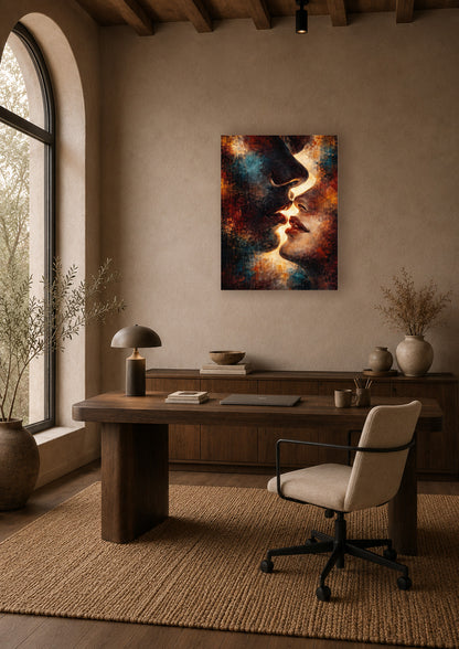 Abstract cosmic energy poster displayed above a wooden desk in a warm modern home office with arched window, natural textures and neutral decor.