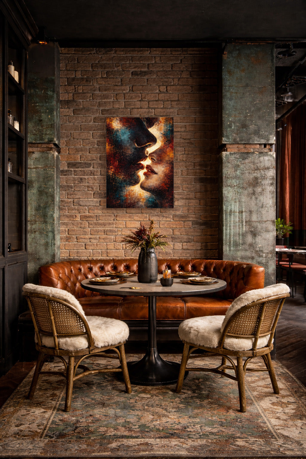 Abstract cosmic energy poster displayed above a round dining table in an industrial dining room with exposed brick walls, warm ambient lighting and modern furniture.