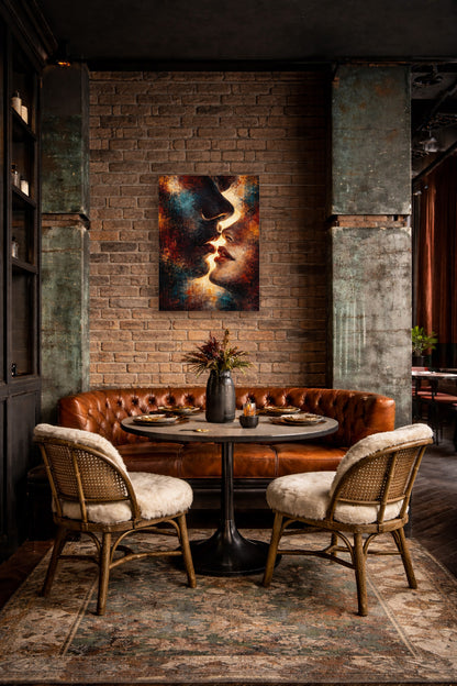 Abstract cosmic energy poster displayed above a round dining table in an industrial dining room with exposed brick walls, warm ambient lighting and modern furniture.