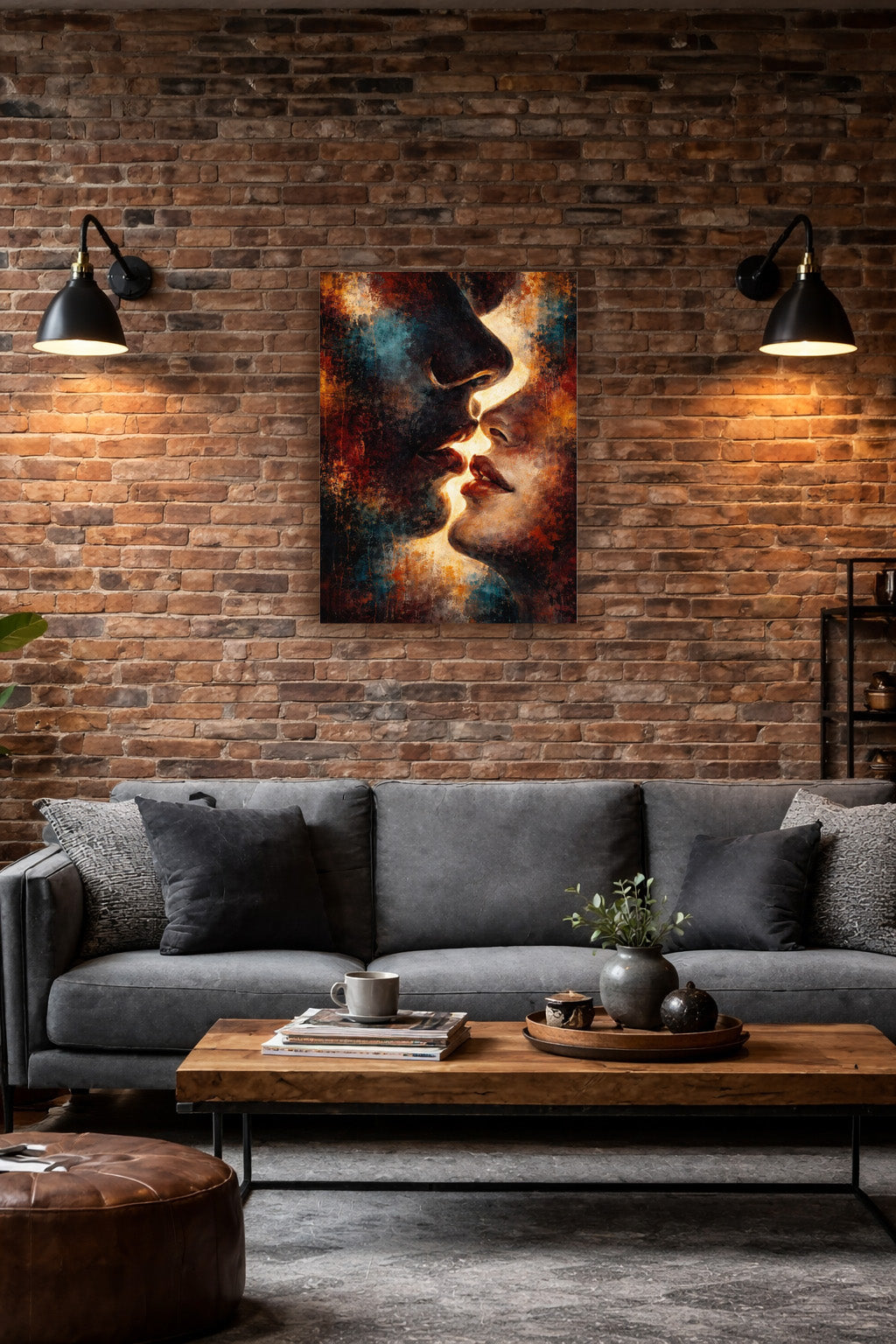 Abstract cosmic energy poster displayed on an exposed brick wall in an industrial living room with dark sofa, warm lighting and modern loft design.