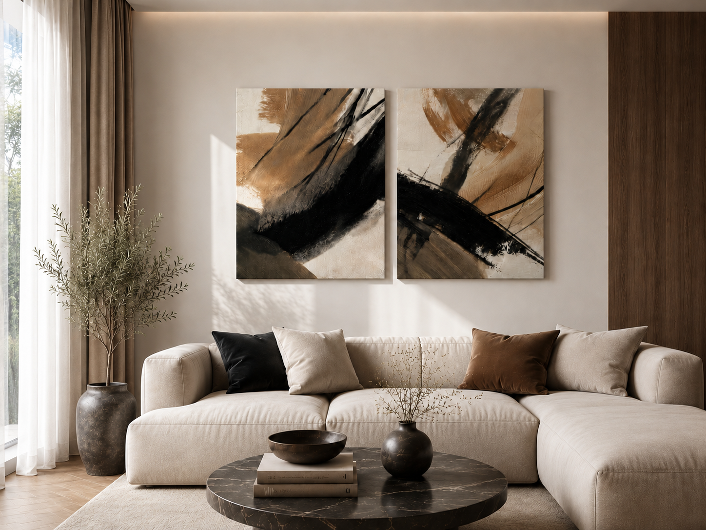 Abstract brown and black diptych canvas wall art displayed above a modern sectional sofa in a bright minimalist living room with natural daylight.