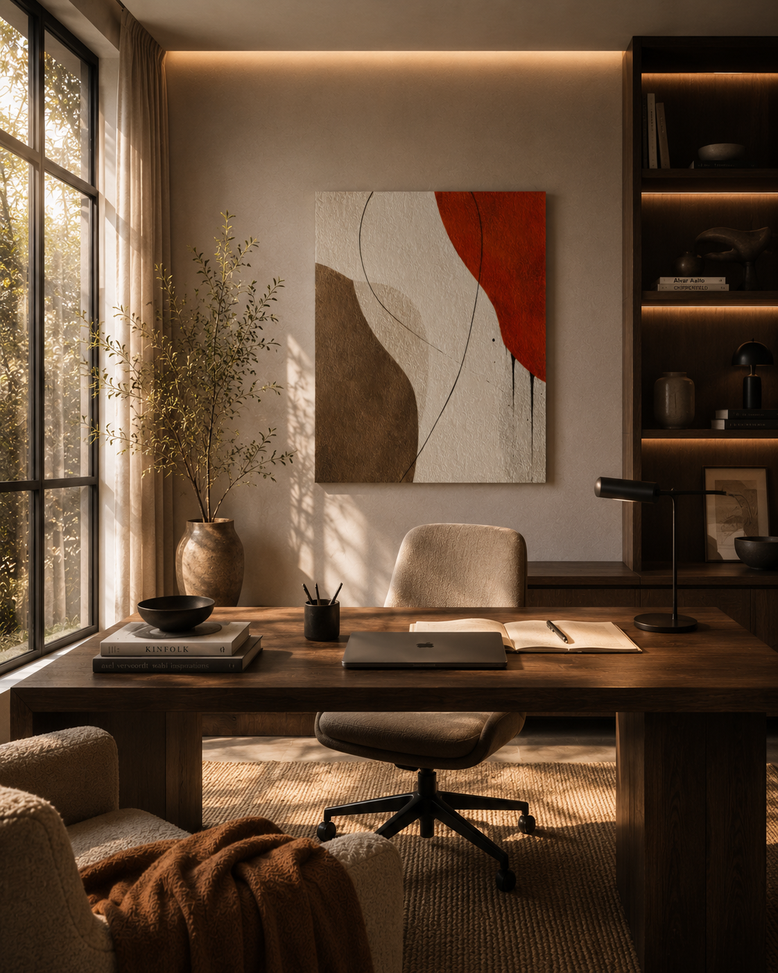 Abstract earth tone canvas displayed in modern hallway interior