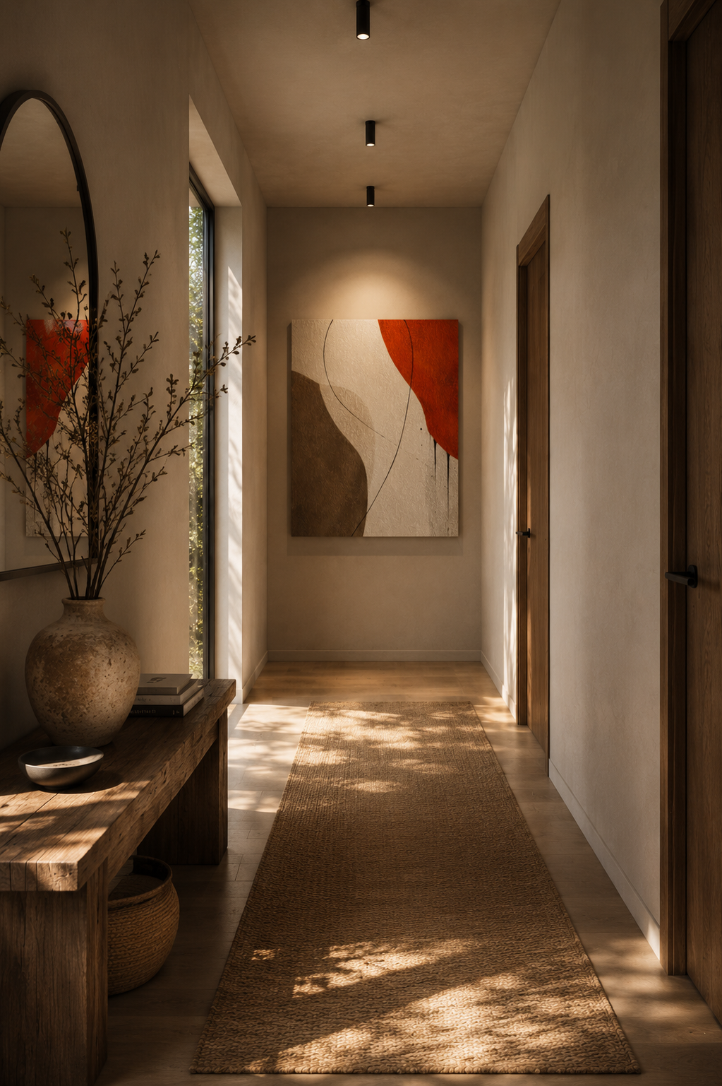 Abstract earth tone canvas wall art in cozy modern living room