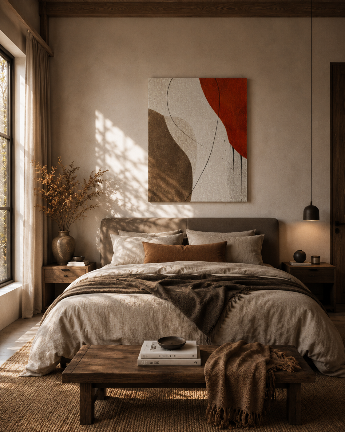 Abstract earth tone canvas in cozy sunlit reading corner