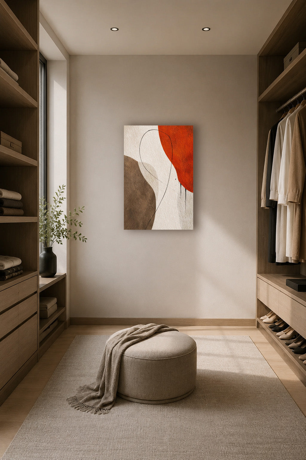 Abstract earth tone poster displayed in modern dressing room interior