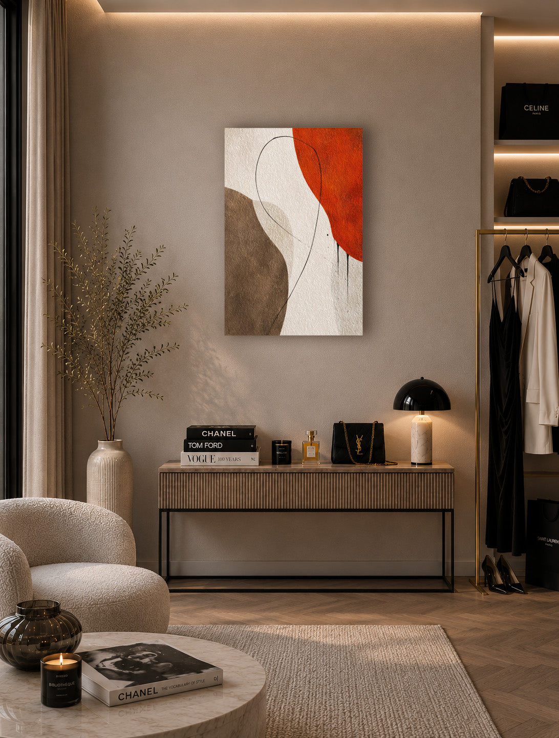 Abstract earth tone poster displayed in modern entryway interior