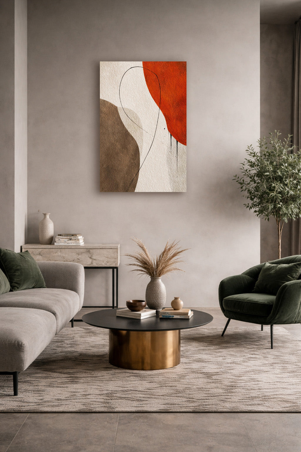 Abstract earth tone poster in cozy modern living room