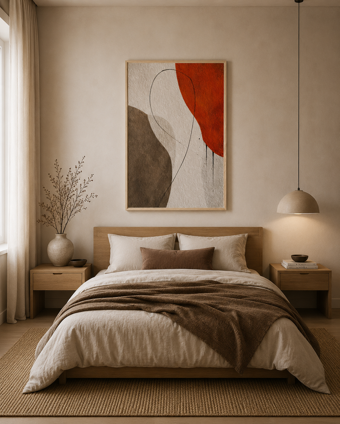 Minimalist bedroom with abstract earth tone wall art above the bed in warm neutral decor.