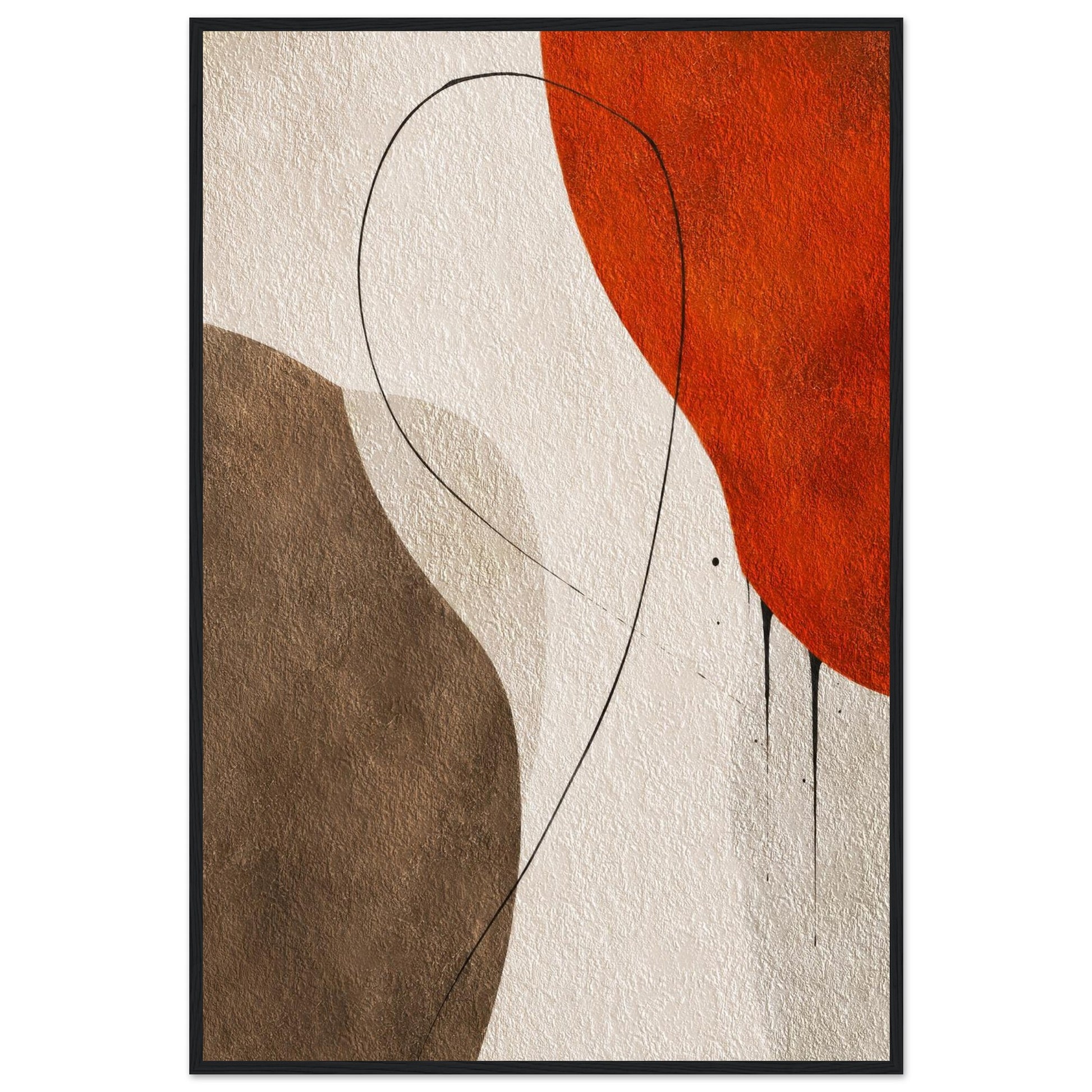 Abstract earth tone wall art with warm brown and rust colors in a slim black wooden frame.
