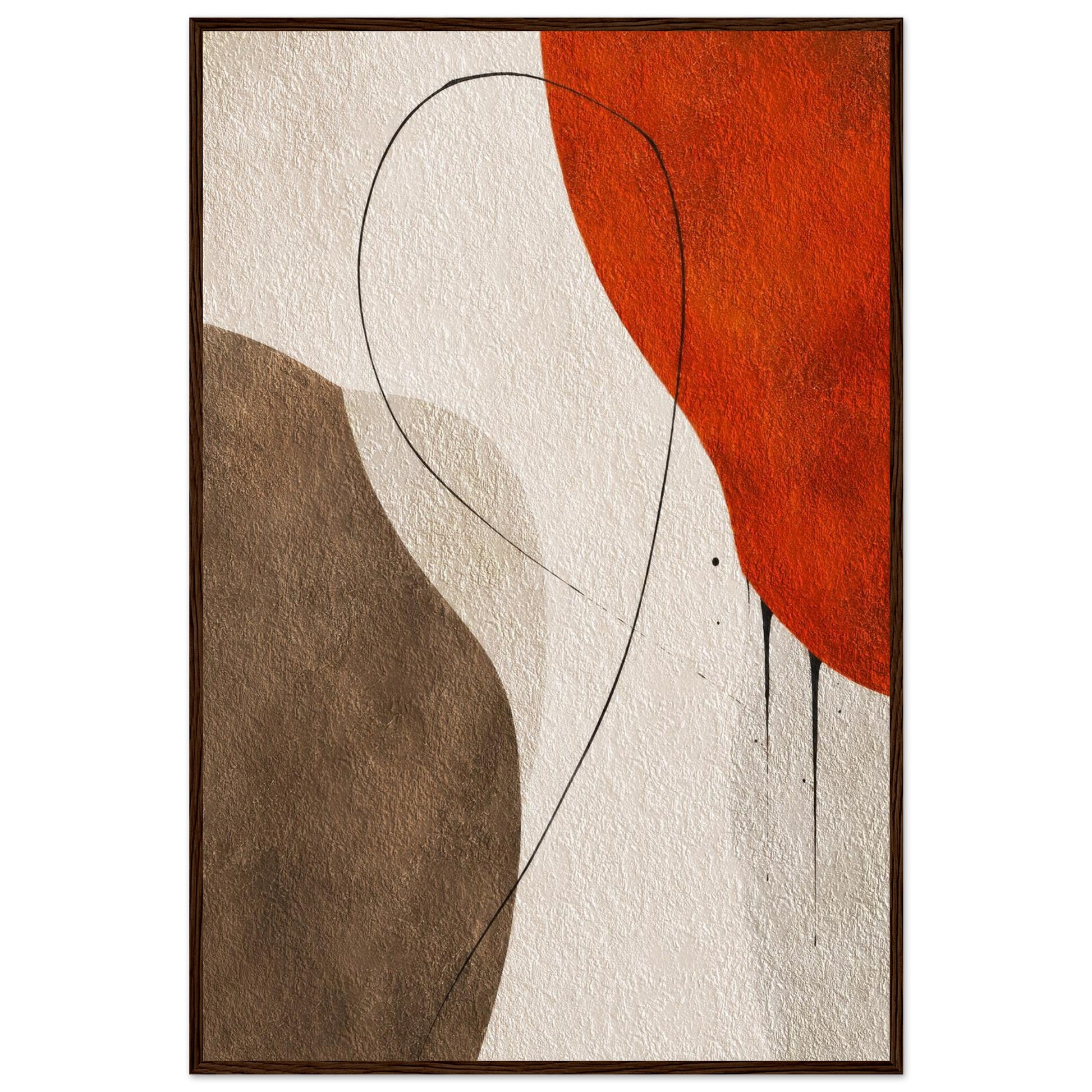 Modern abstract wall art in a dark wood frame featuring warm brown and rust tones.