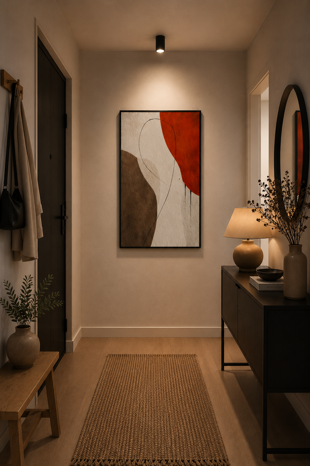 Modern entryway with abstract earth tone wall art in a black wooden frame and warm lighting.
