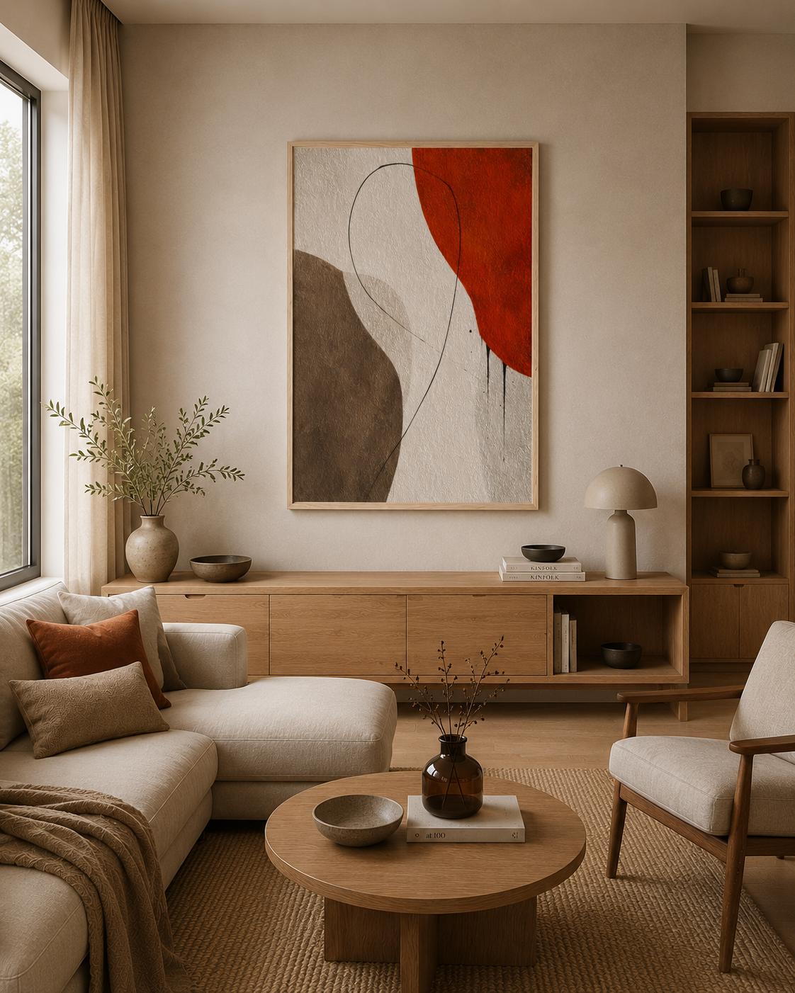 Modern Scandinavian living room featuring abstract earth tone wall art above a wooden console.
