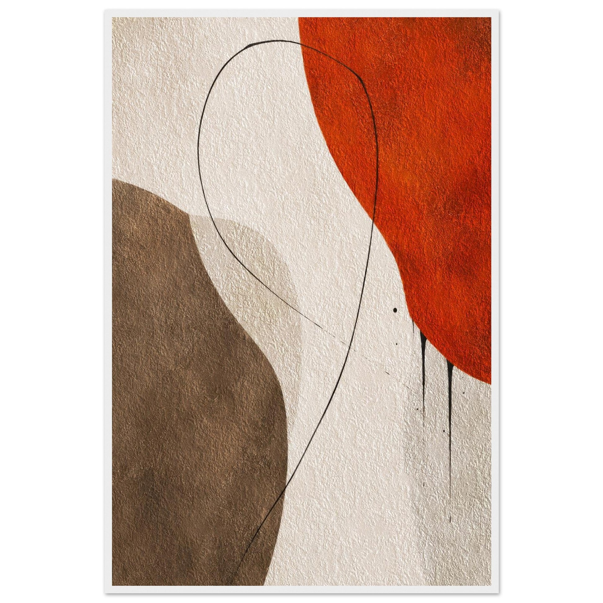 Abstract earth tone poster displayed in a white wooden frame.