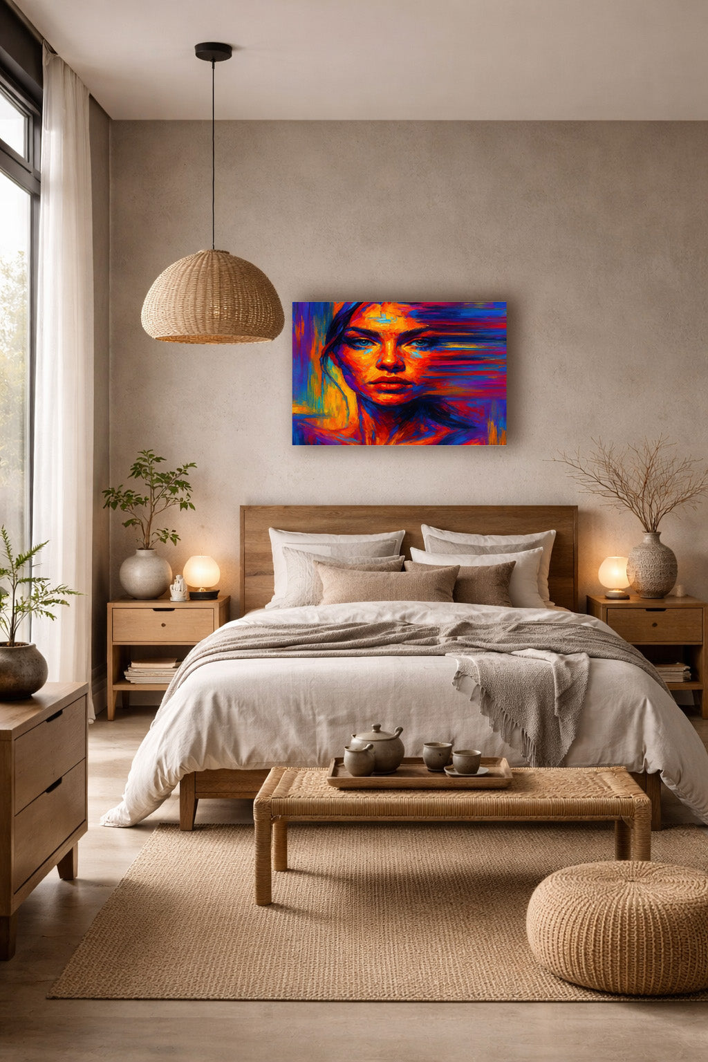 Cozy modern bedroom with warm neutral decor and a colorful abstract face poster in blue and orange tones displayed above the bed.