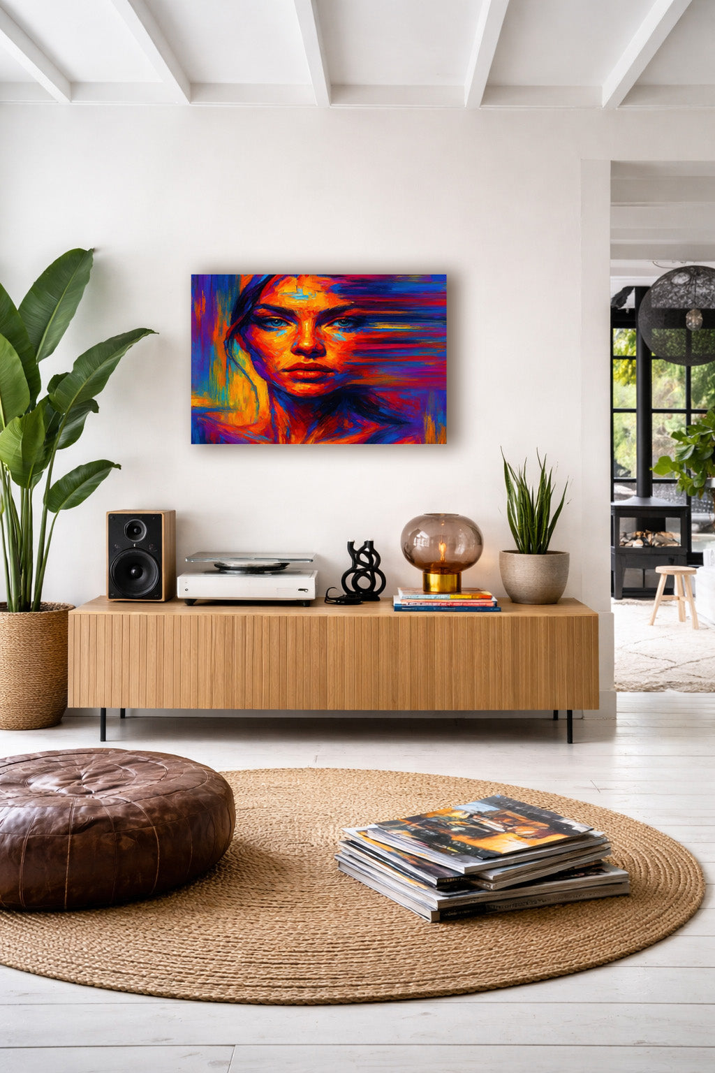 Modern living room with a colorful abstract face poster in vivid blue, orange and red tones above a wooden media console in a bright contemporary interior.