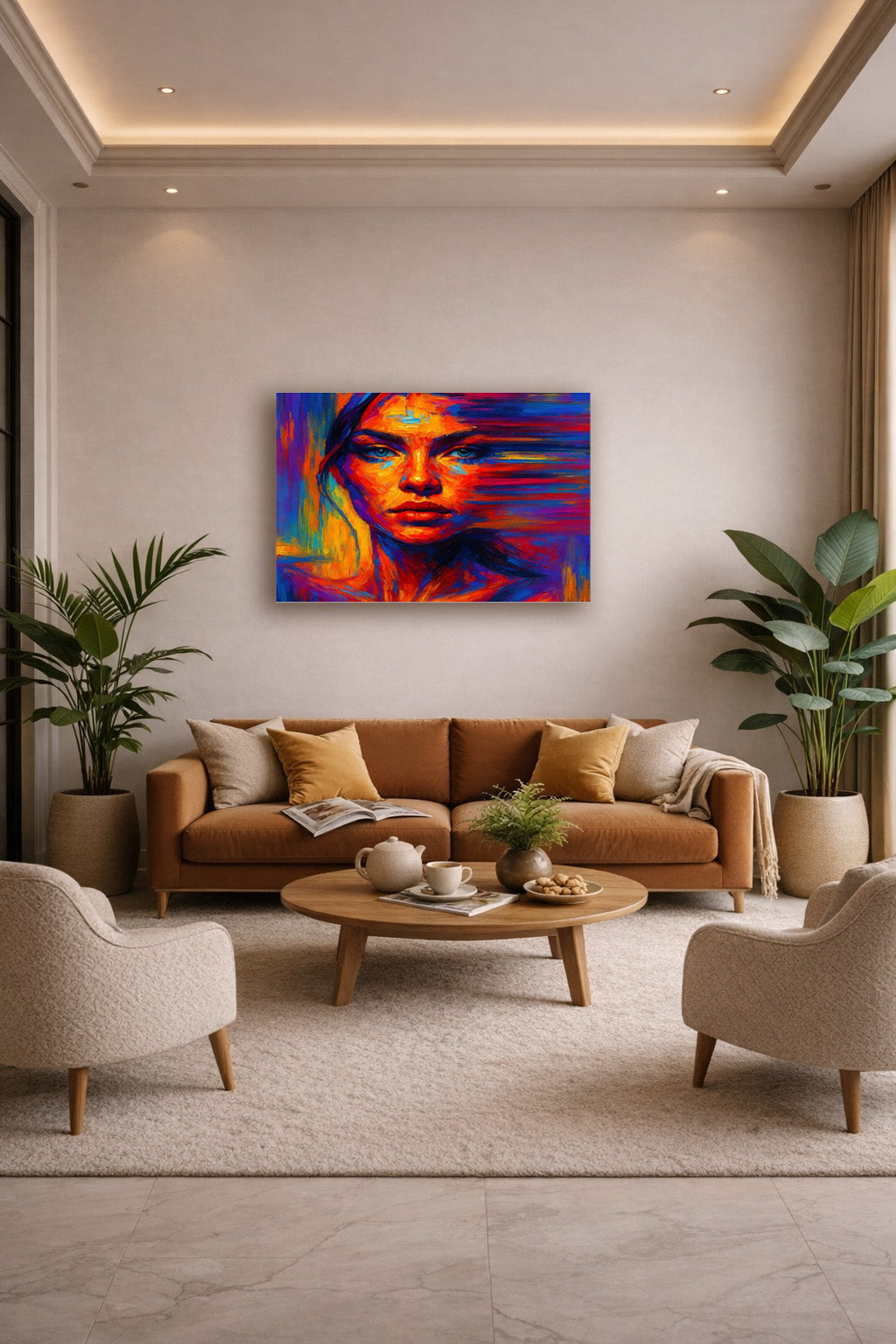 Elegant neutral living room featuring a vibrant abstract face poster with blue and orange colors above a beige sofa and round coffee table.