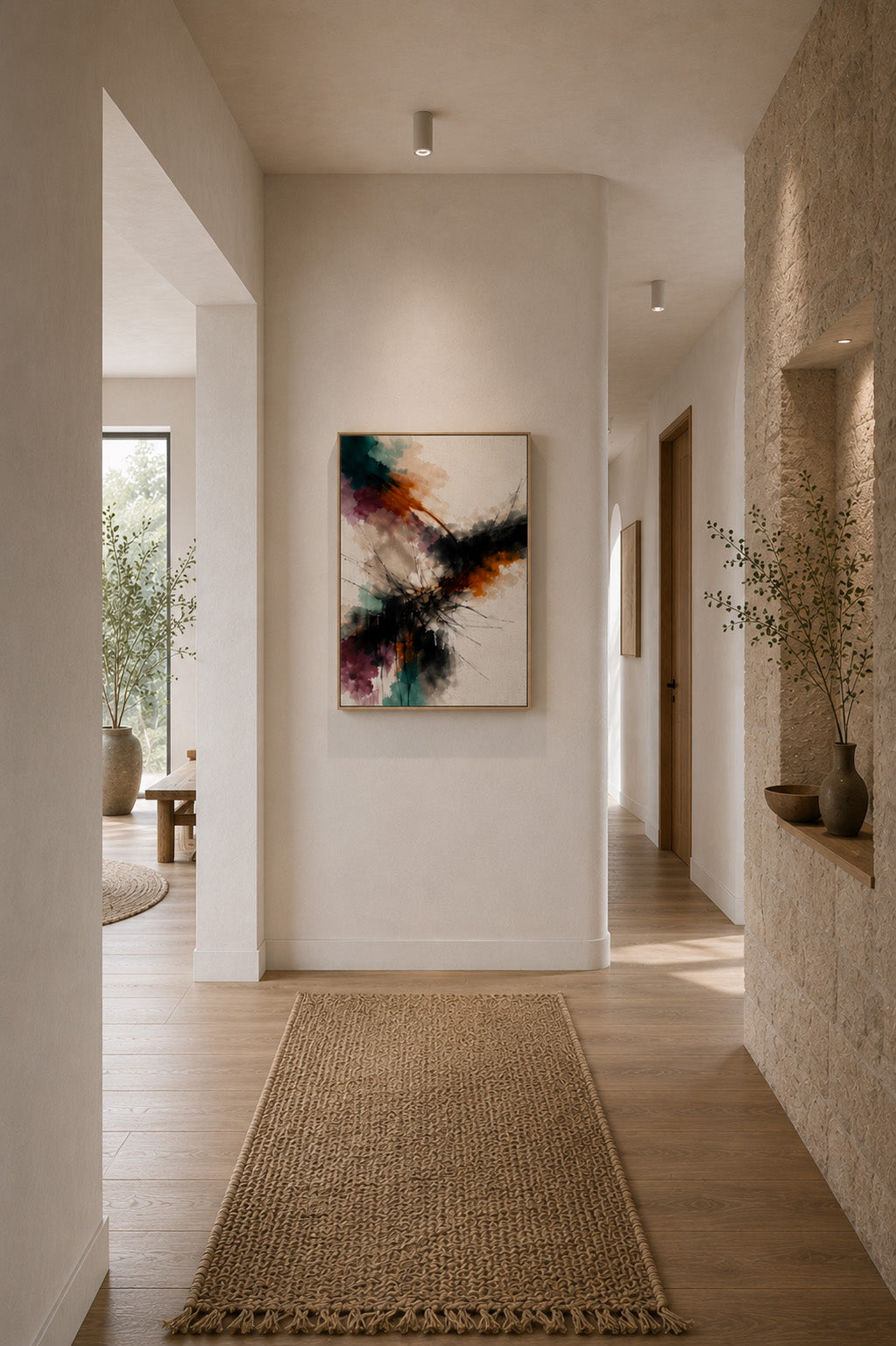 Colorful abstract floating canvas wall art displayed in a bright modern hallway