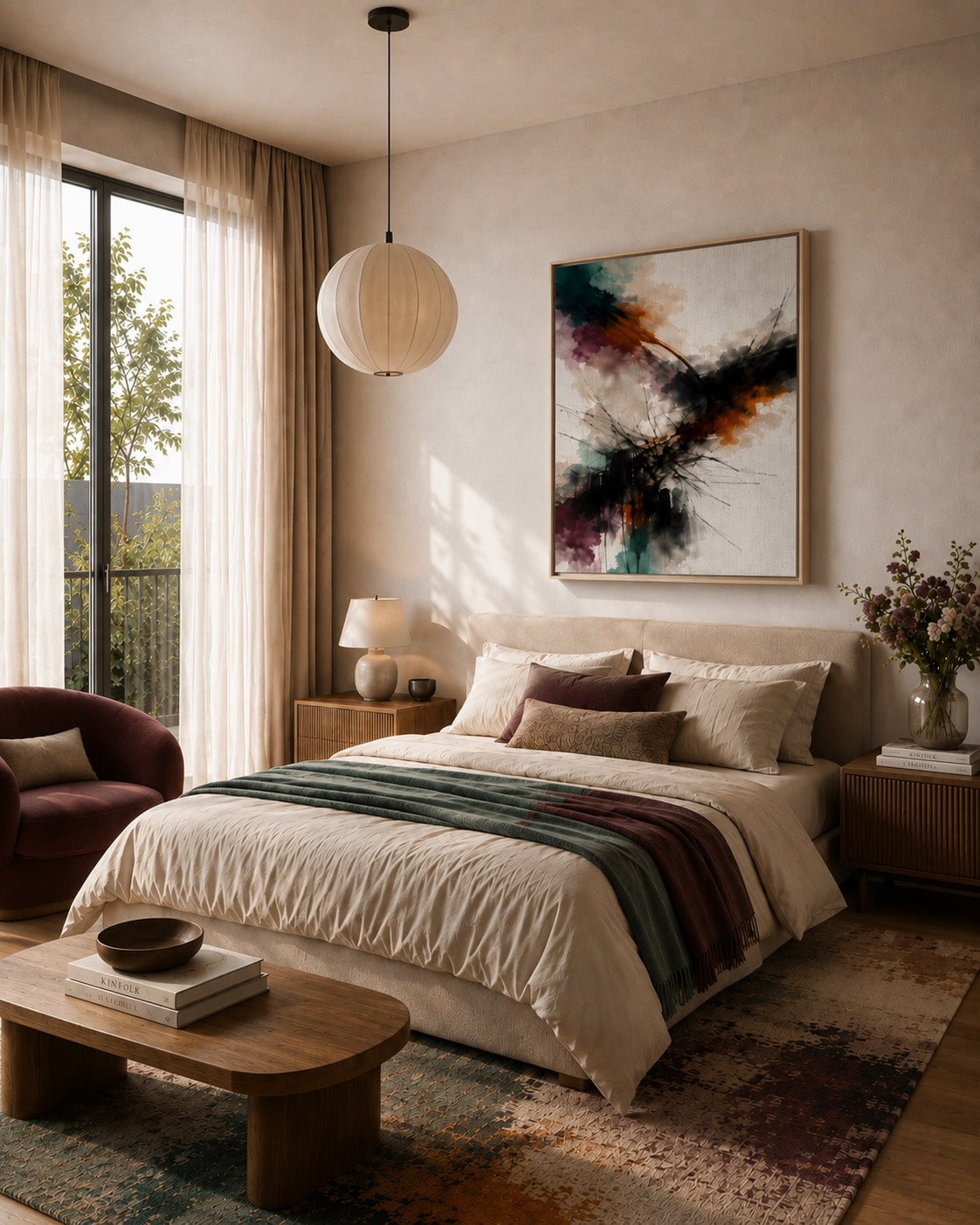 Colorful abstract floating canvas above a bed in a modern neutral bedroom