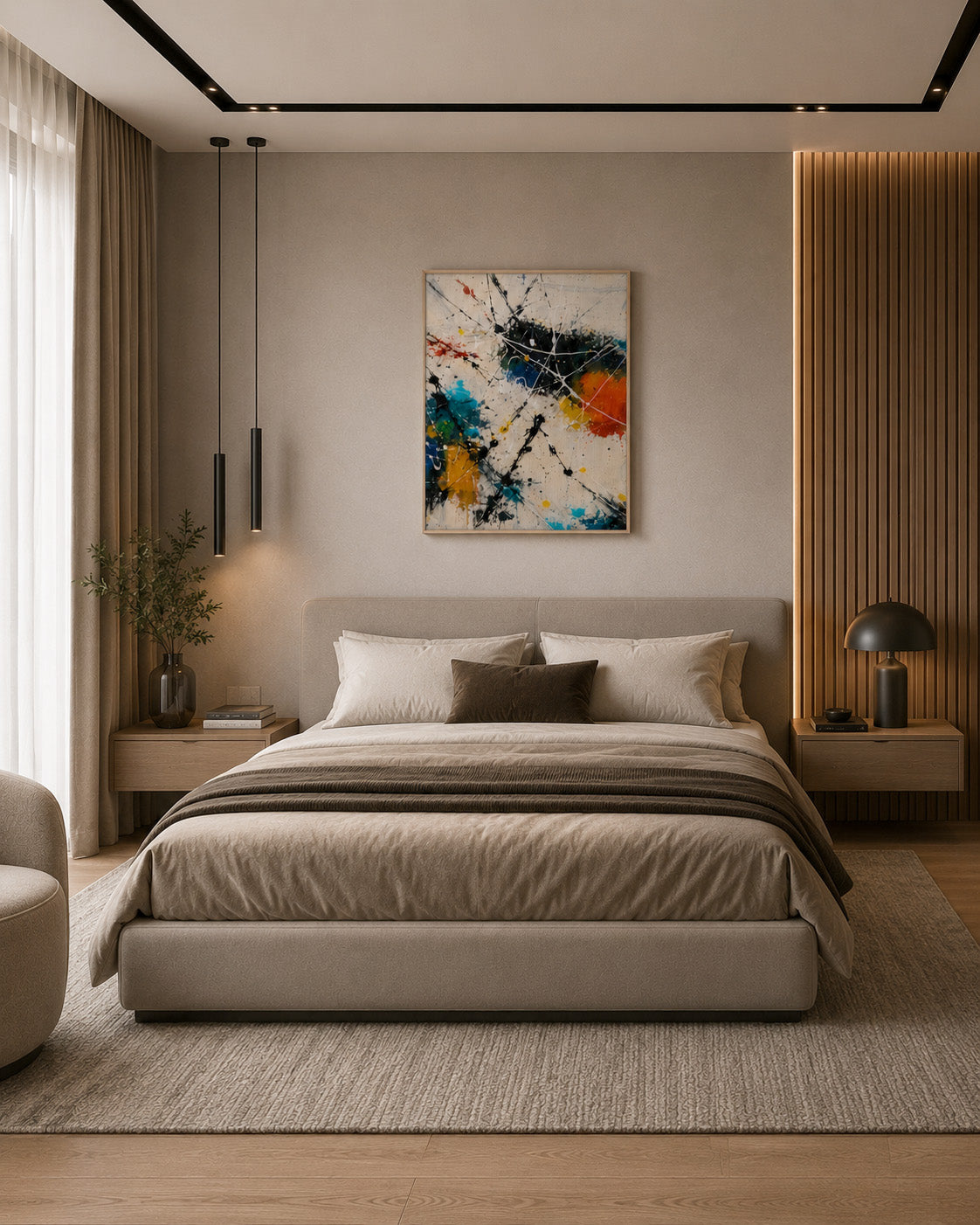 Colorful abstract floating canvas wall art in a warm modern bedroom