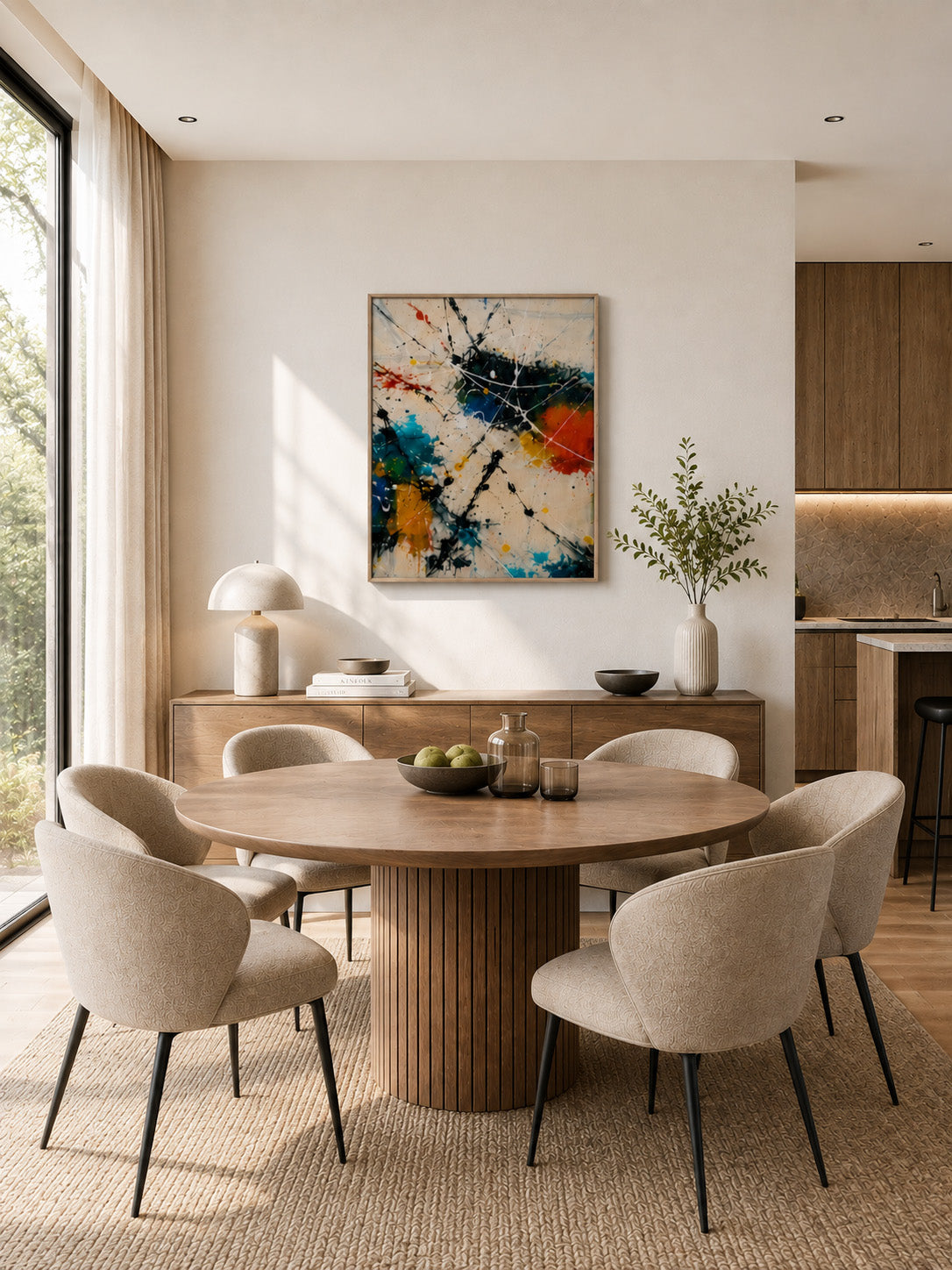 Colorful abstract floating canvas wall art in a bright modern dining room