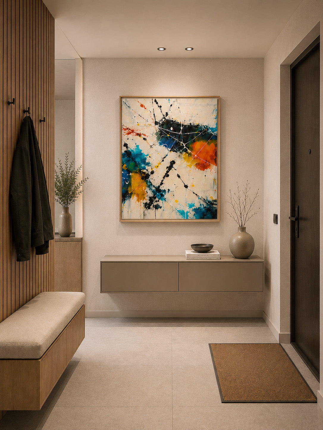 Colorful abstract floating canvas with wood frame displayed in a modern entryway