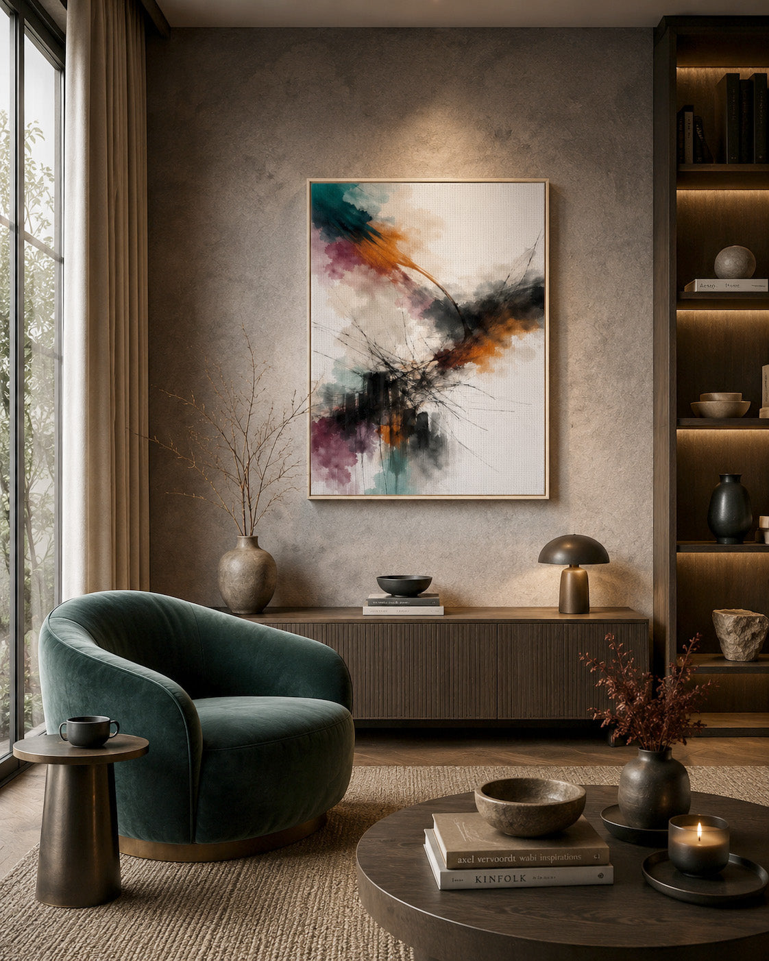Abstract floating canvas wall art in a sophisticated modern living room