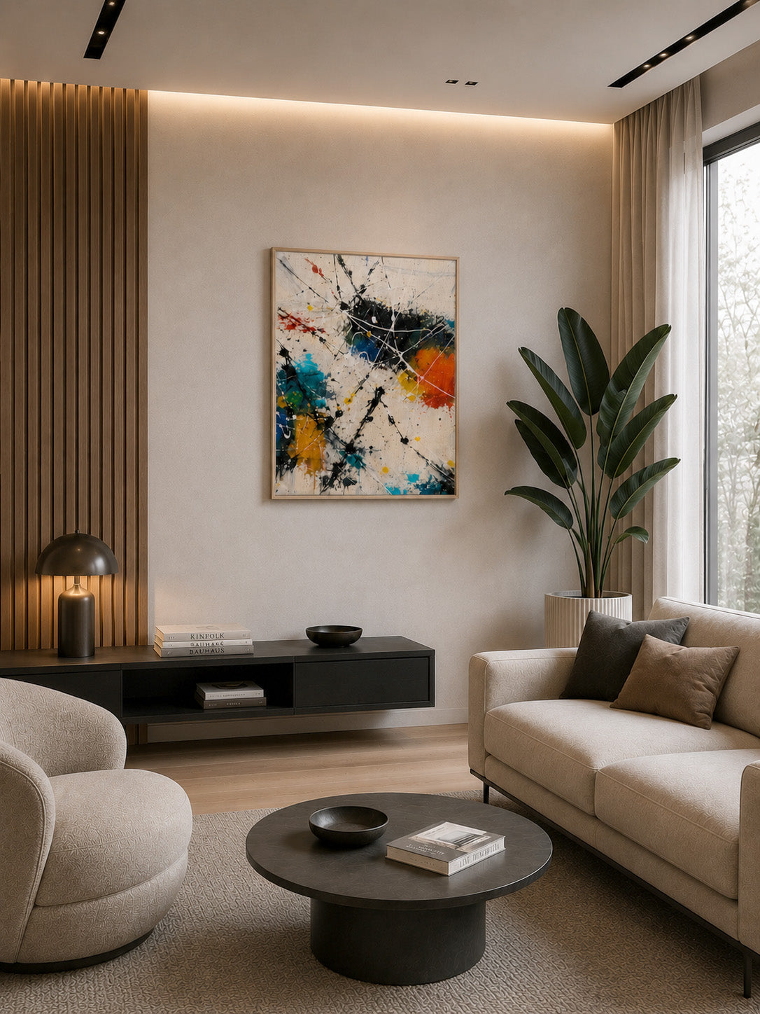 Colorful abstract floating canvas with natural wood frame in a modern living room