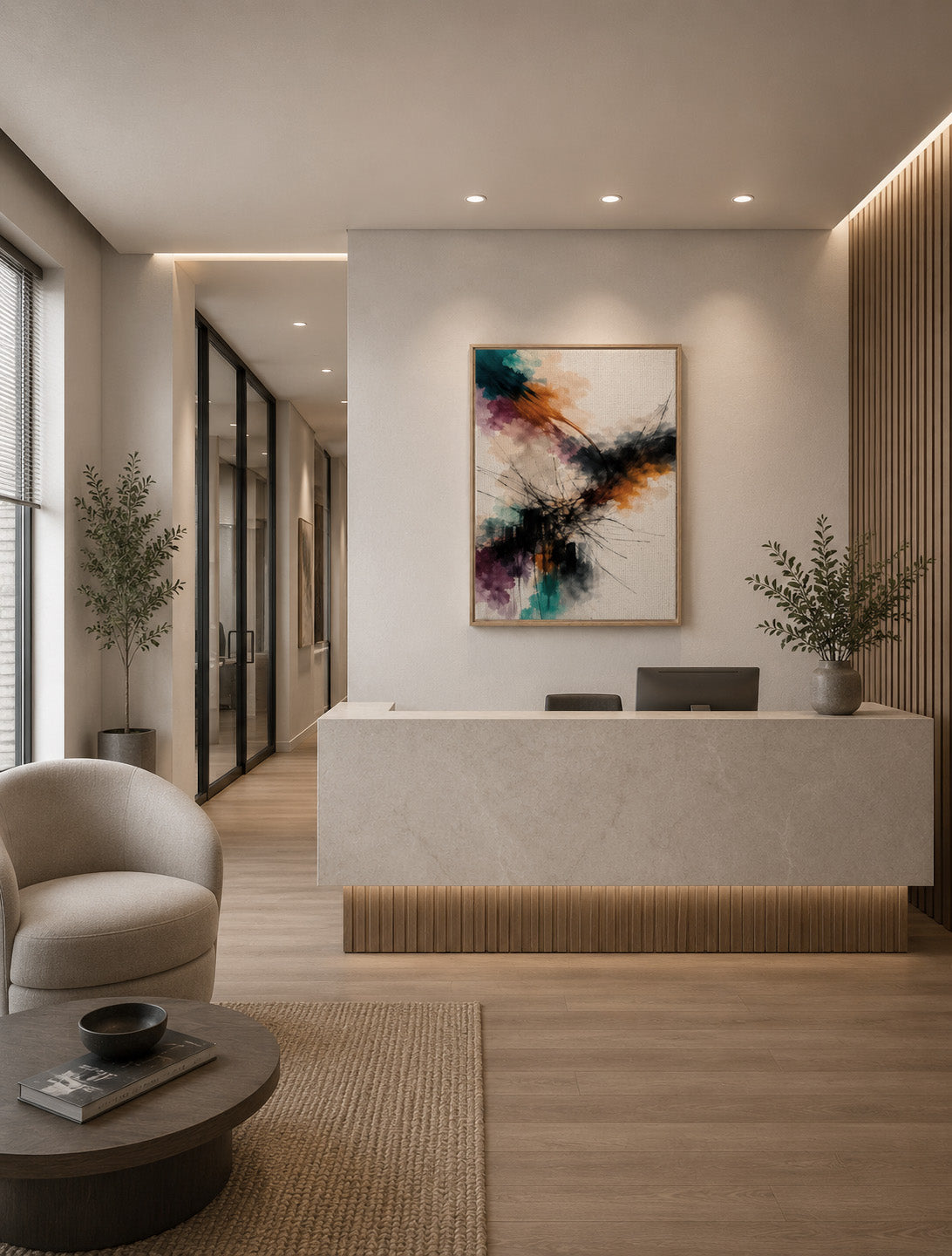 Abstract floating canvas wall art displayed in a minimalist office receptio