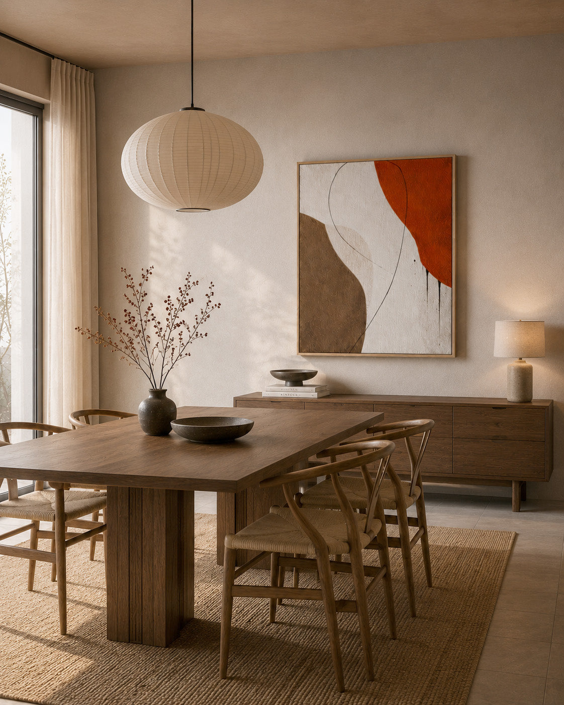 Orange and brown abstract framed canvas wall art in a modern minimalist dining room