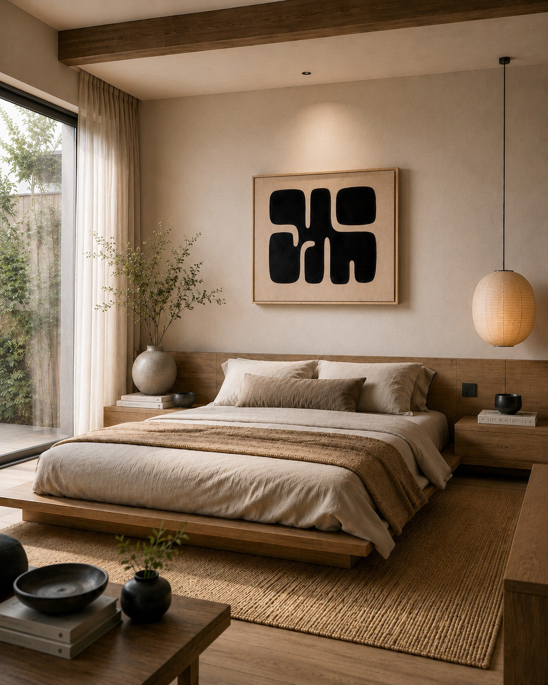 Black and beige abstract framed canvas above a bed in a minimalist Japandi bedroom
