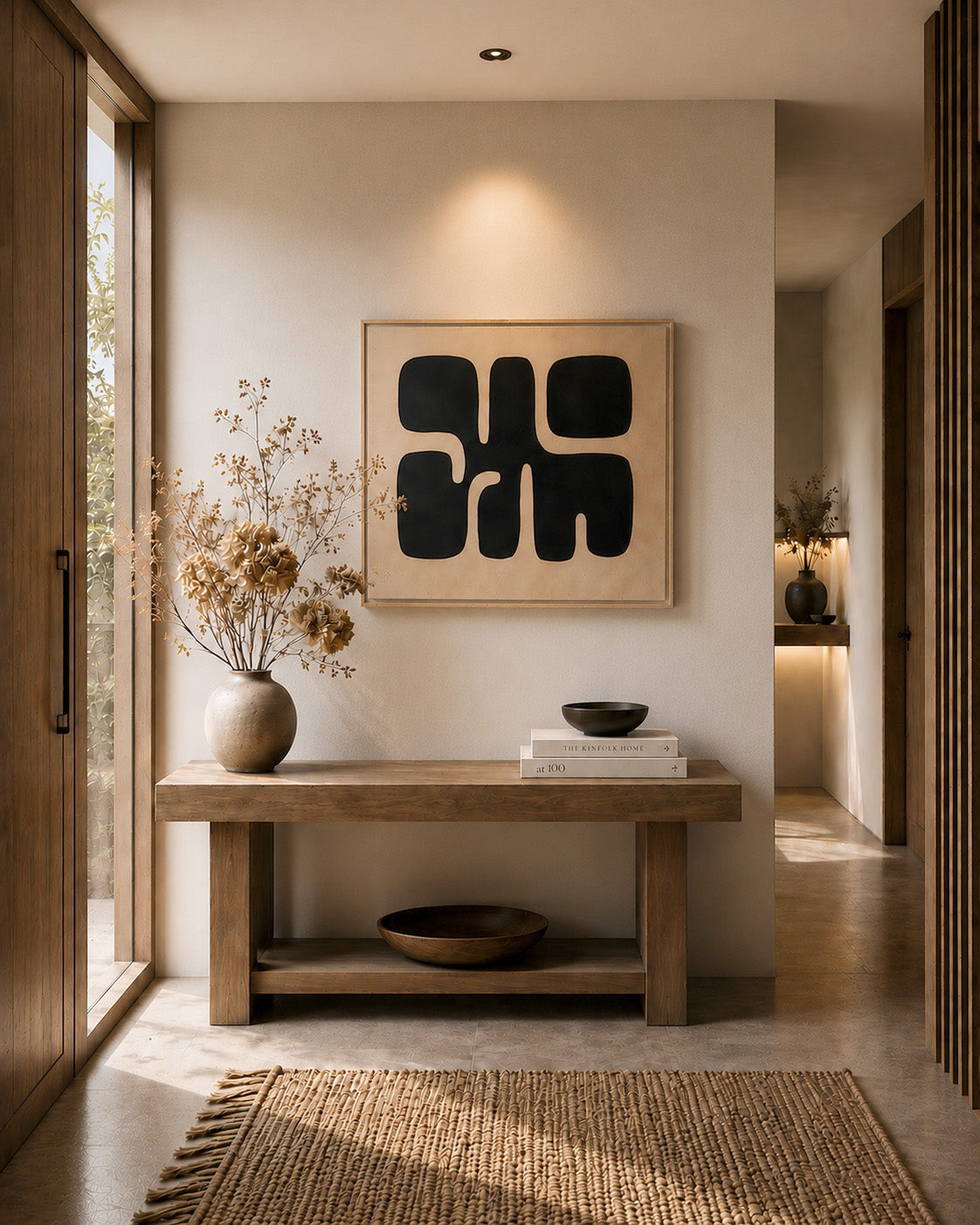 Black and beige abstract framed canvas wall art in a minimalist Japandi entryway