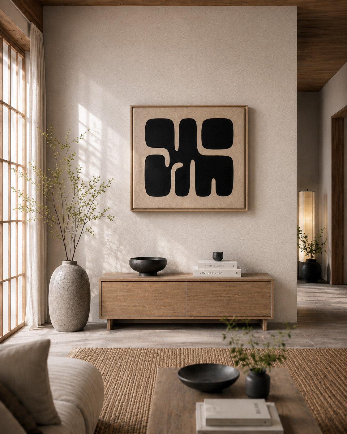 Black and beige abstract framed canvas wall art in a warm Japandi living room