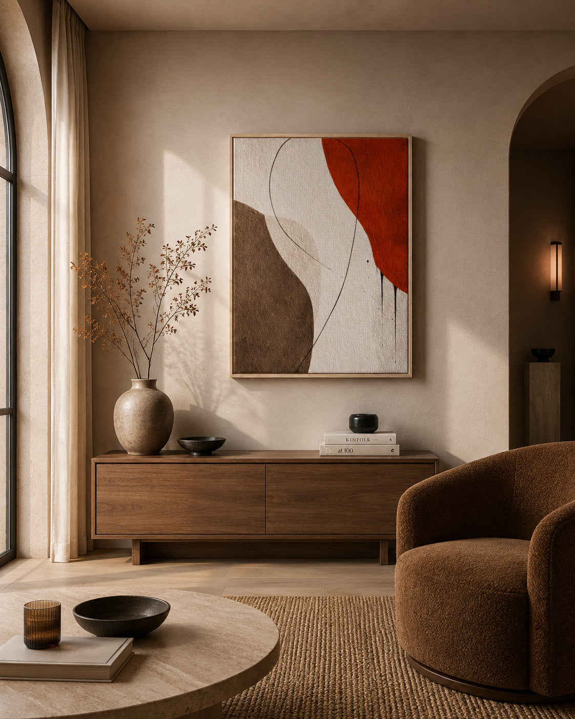 Abstract orange and brown framed canvas wall art in a warm minimalist living room