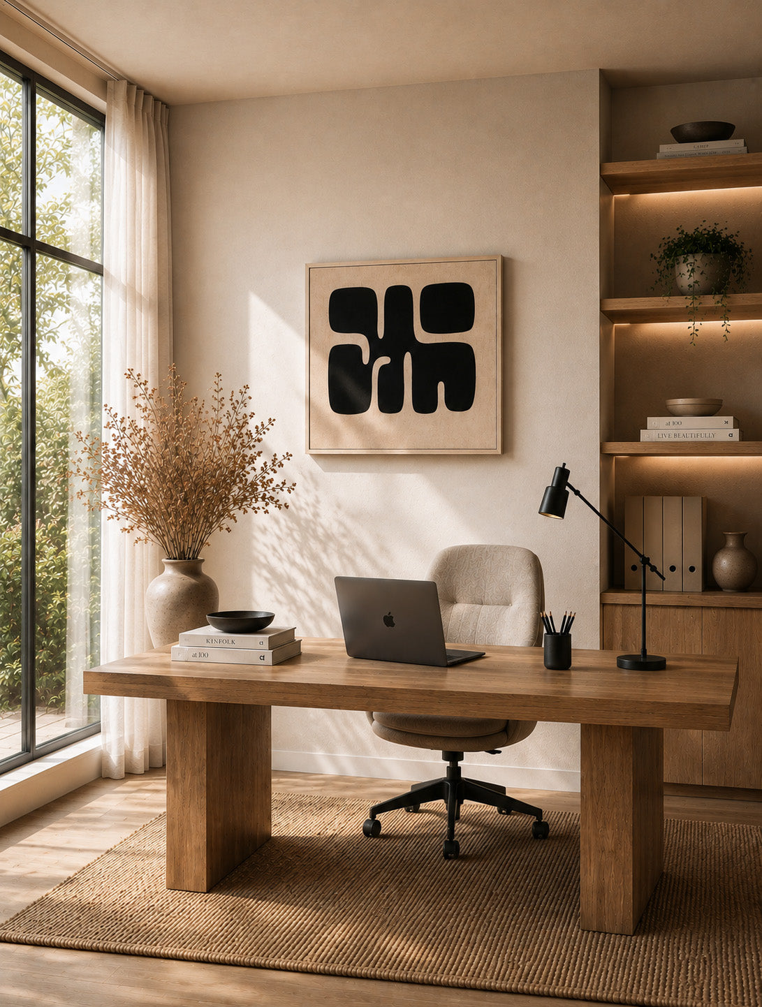 Black and beige abstract framed canvas wall art in a warm minimalist home office