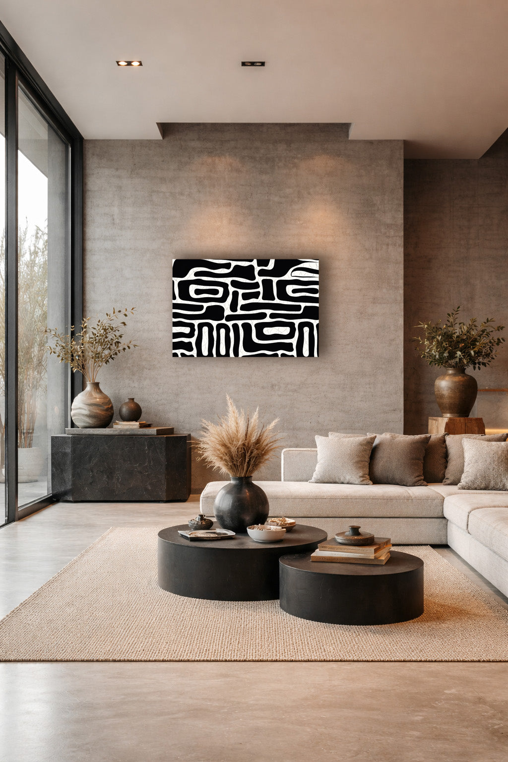 Black and white abstract geometric poster above a sofa in a contemporary living room with textured walls.