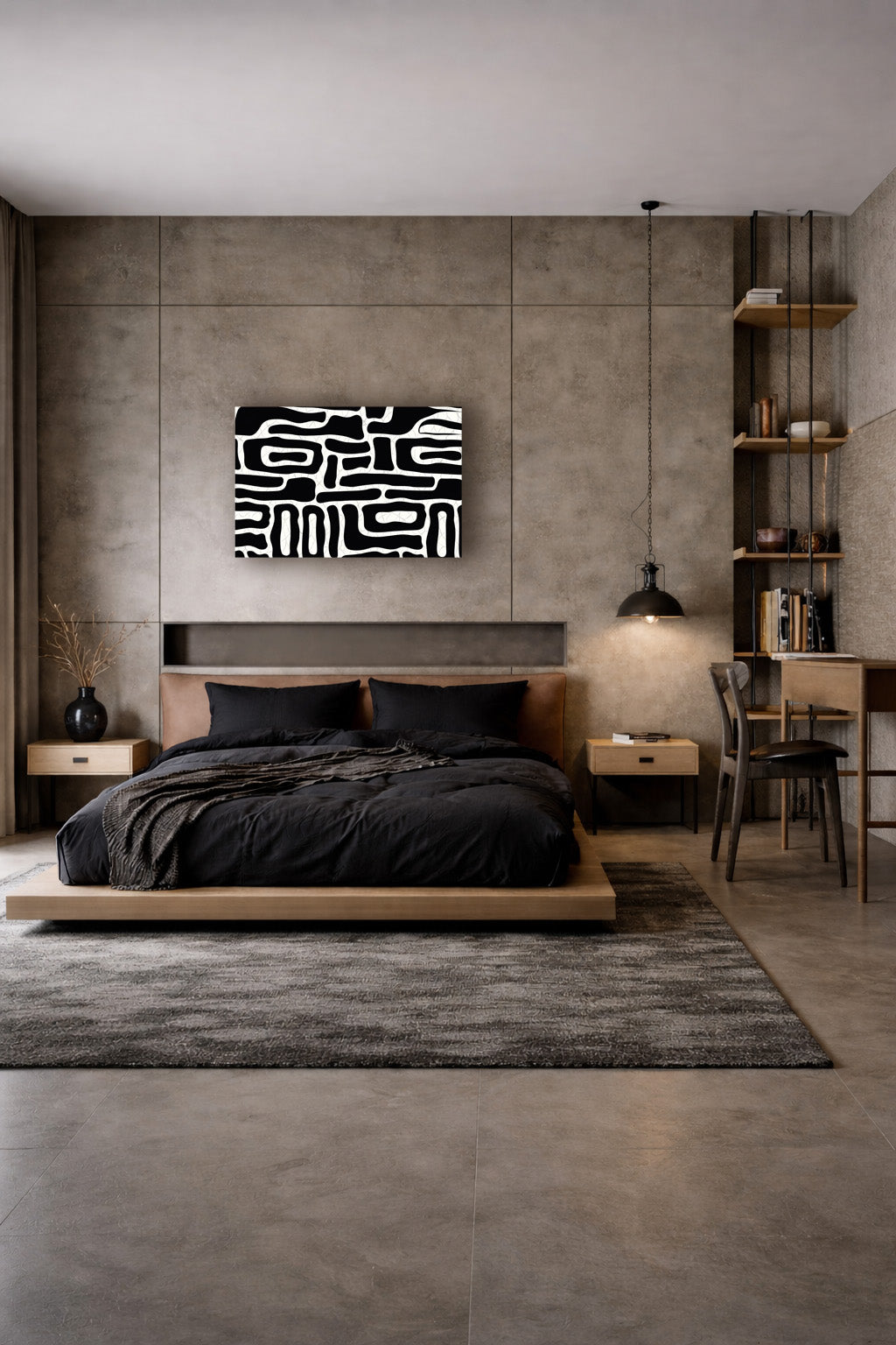 Abstract black and white poster displayed above a bed in a modern minimalist bedroom.