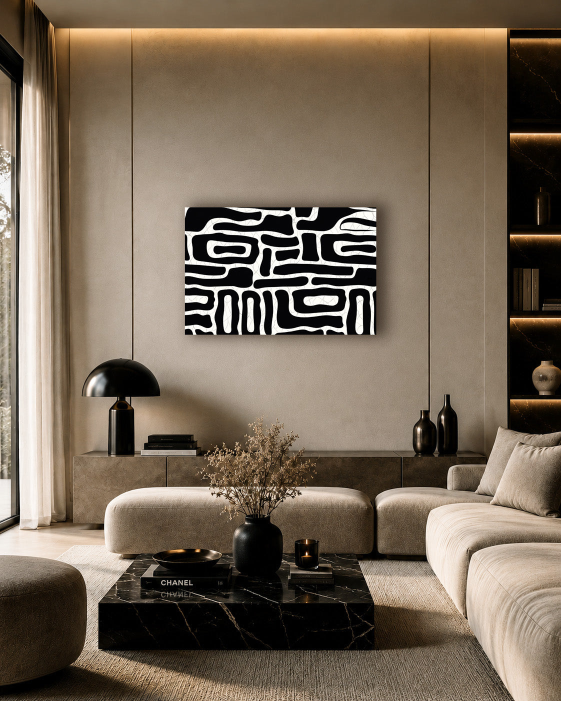Abstract geometric poster displayed in a modern beige living room with soft lighting and neutral decor.