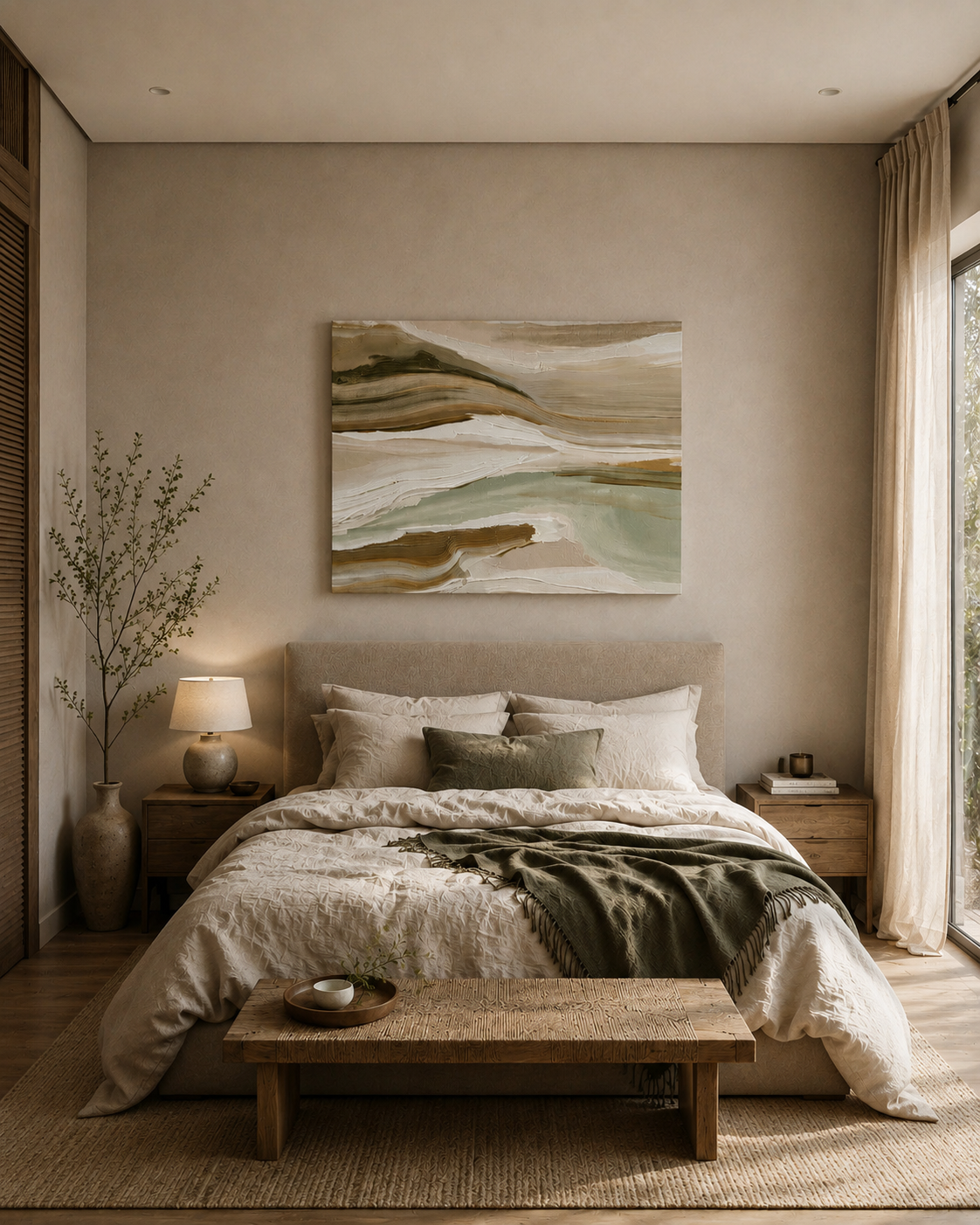 Neutral abstract landscape canvas hanging above a bed in a Scandinavian style bedroom.