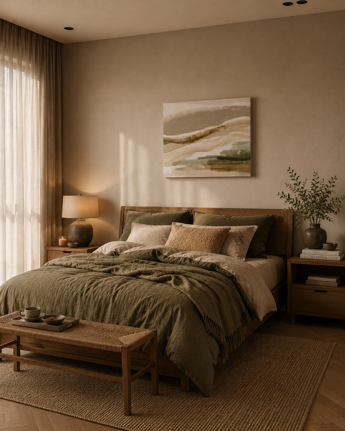 Abstract beige and sage green landscape canvas above a wooden bed in a cozy Japandi bedroom.