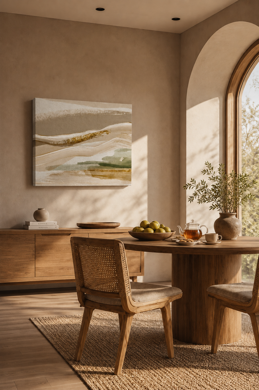 Abstract beige and sage green landscape canvas displayed in a warm minimalist dining room.