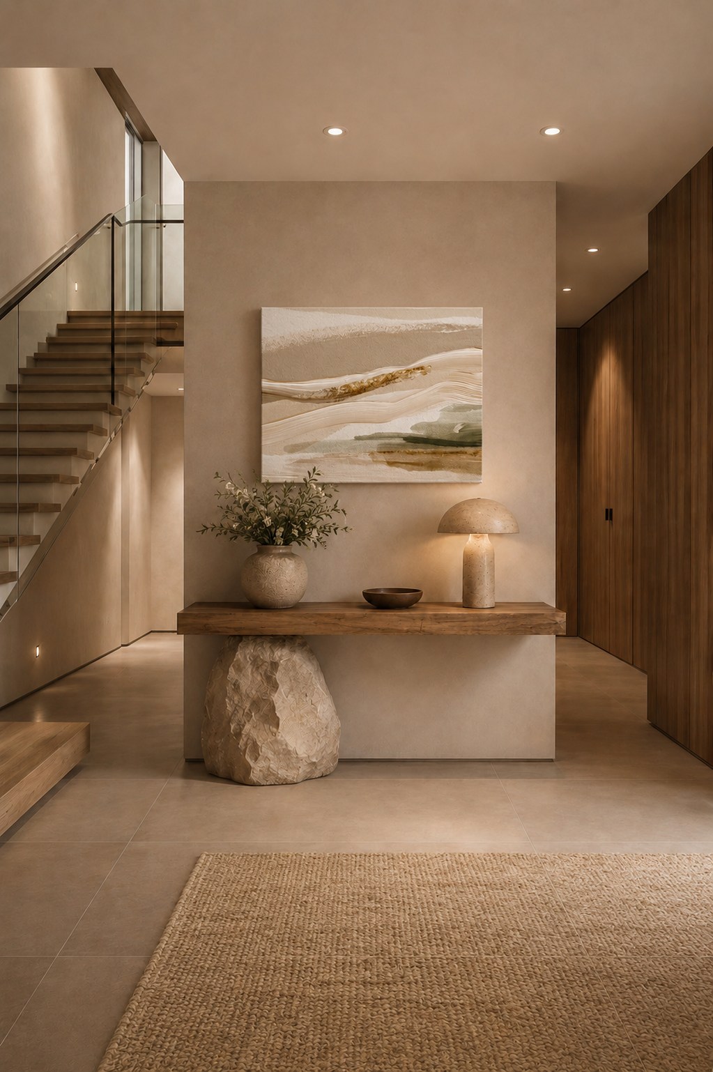 Abstract beige and sage green landscape canvas decorating a warm minimalist entryway above a wooden console.