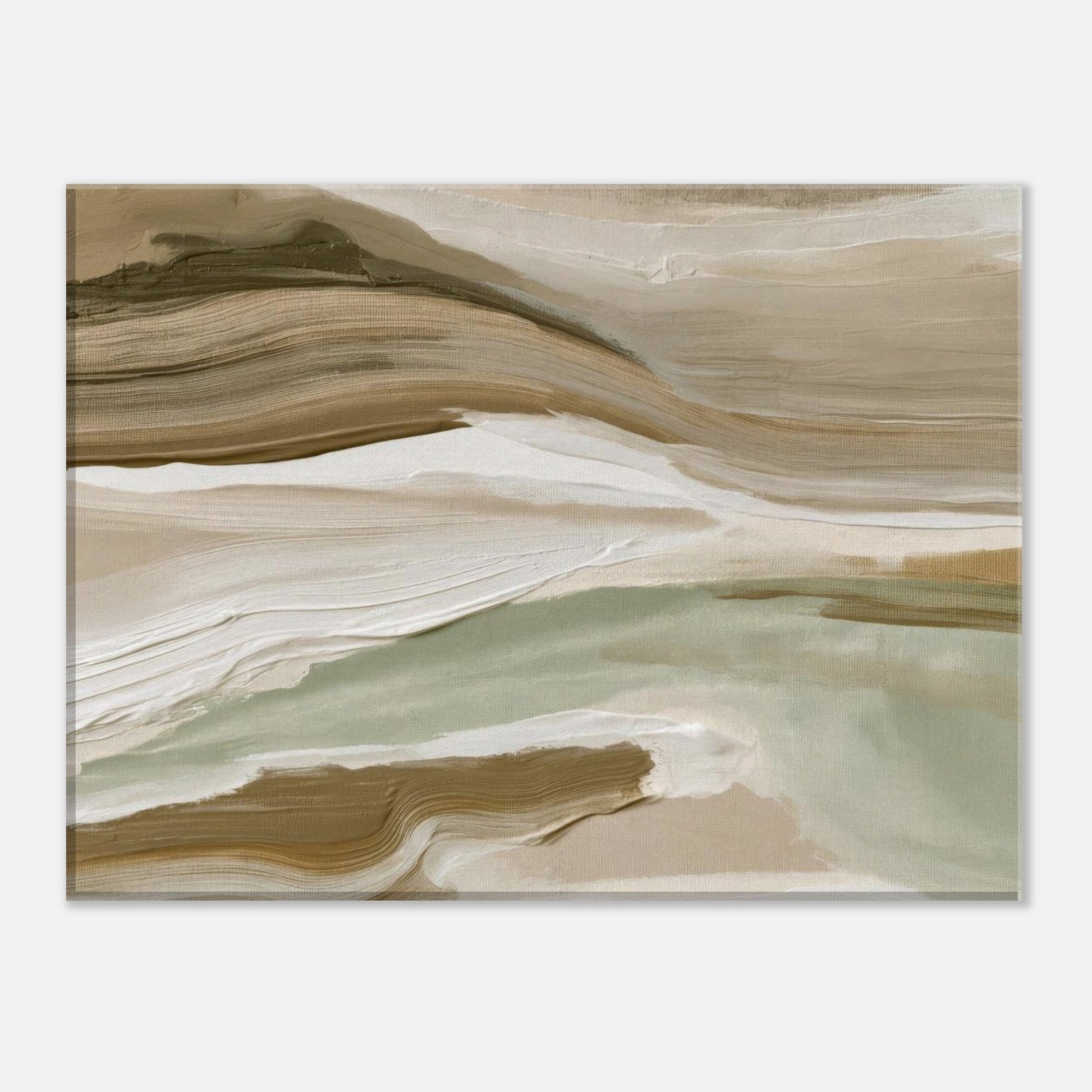Front view of abstract landscape canvas wall art in neutral green and beige colors.