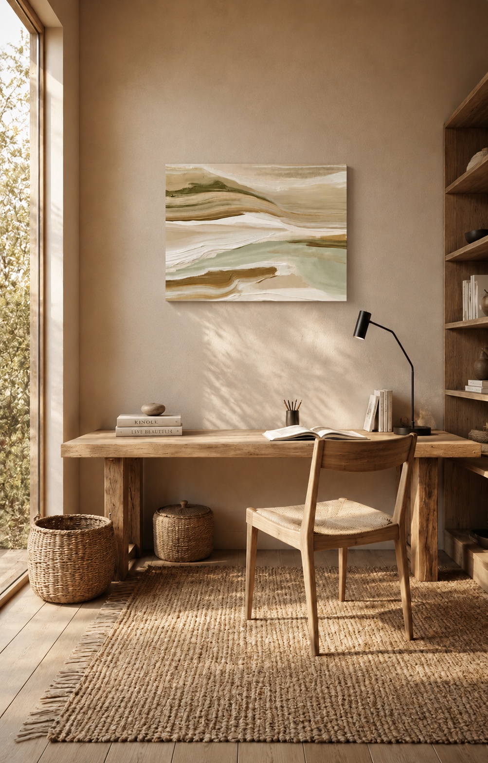 Abstract landscape canvas above a wooden desk in a warm minimalist home office.