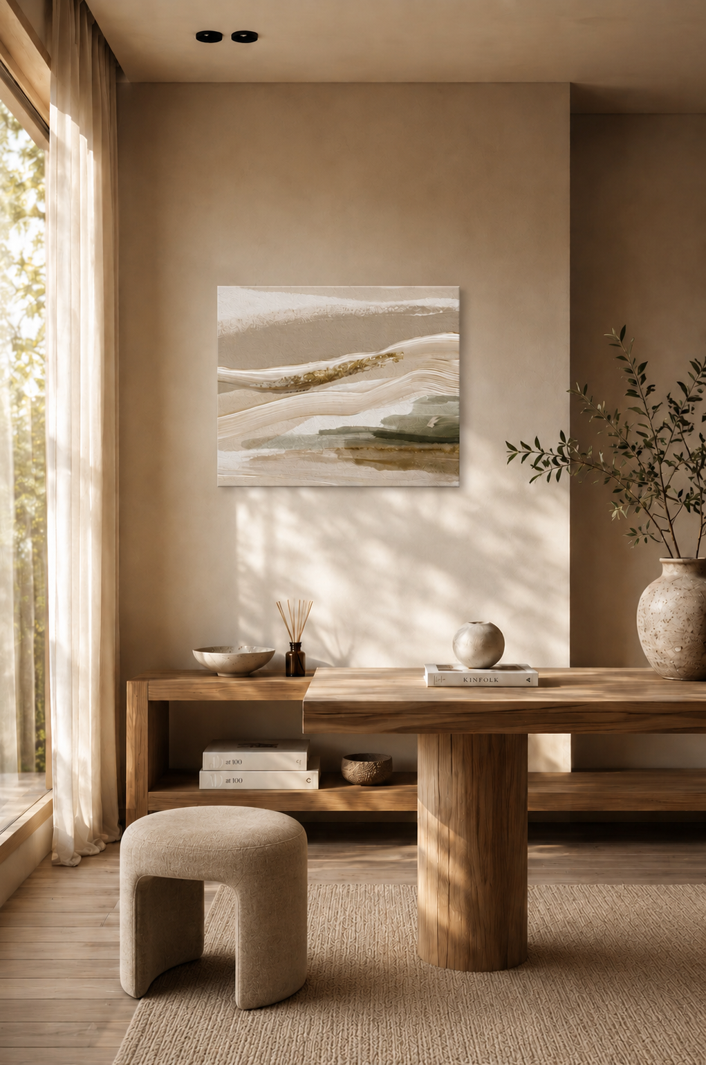 Abstract beige and sage green landscape canvas displayed above a wooden console table in a warm minimalist living room.