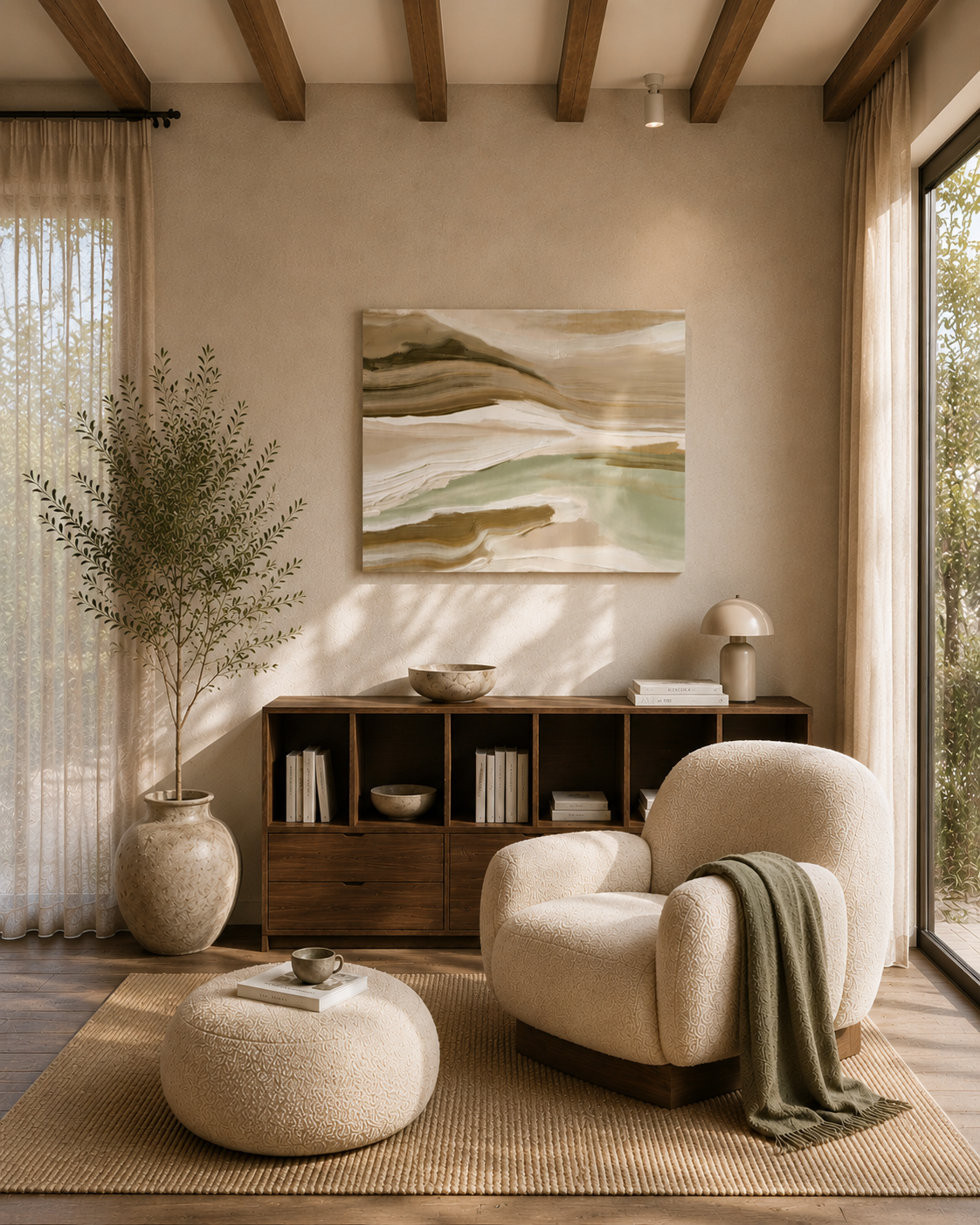 Abstract landscape canvas displayed above a wooden sideboard in a warm minimalist living room.