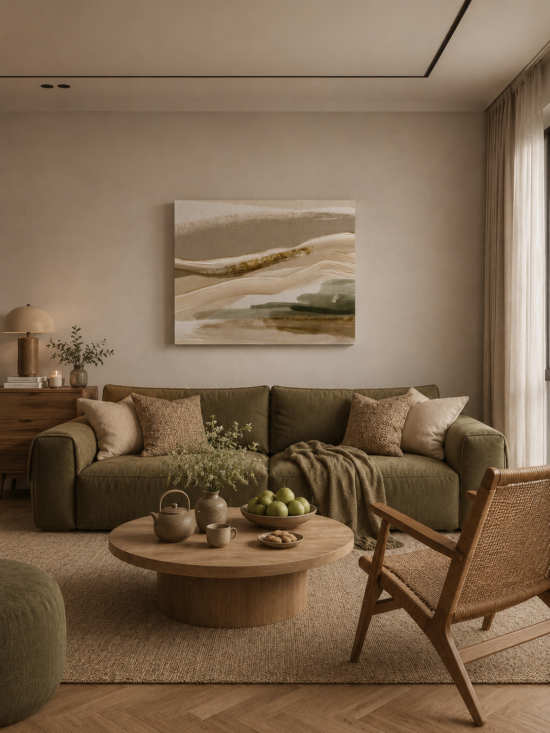 Abstract beige and sage green landscape canvas above a modern olive green sofa in a Scandinavian living room.