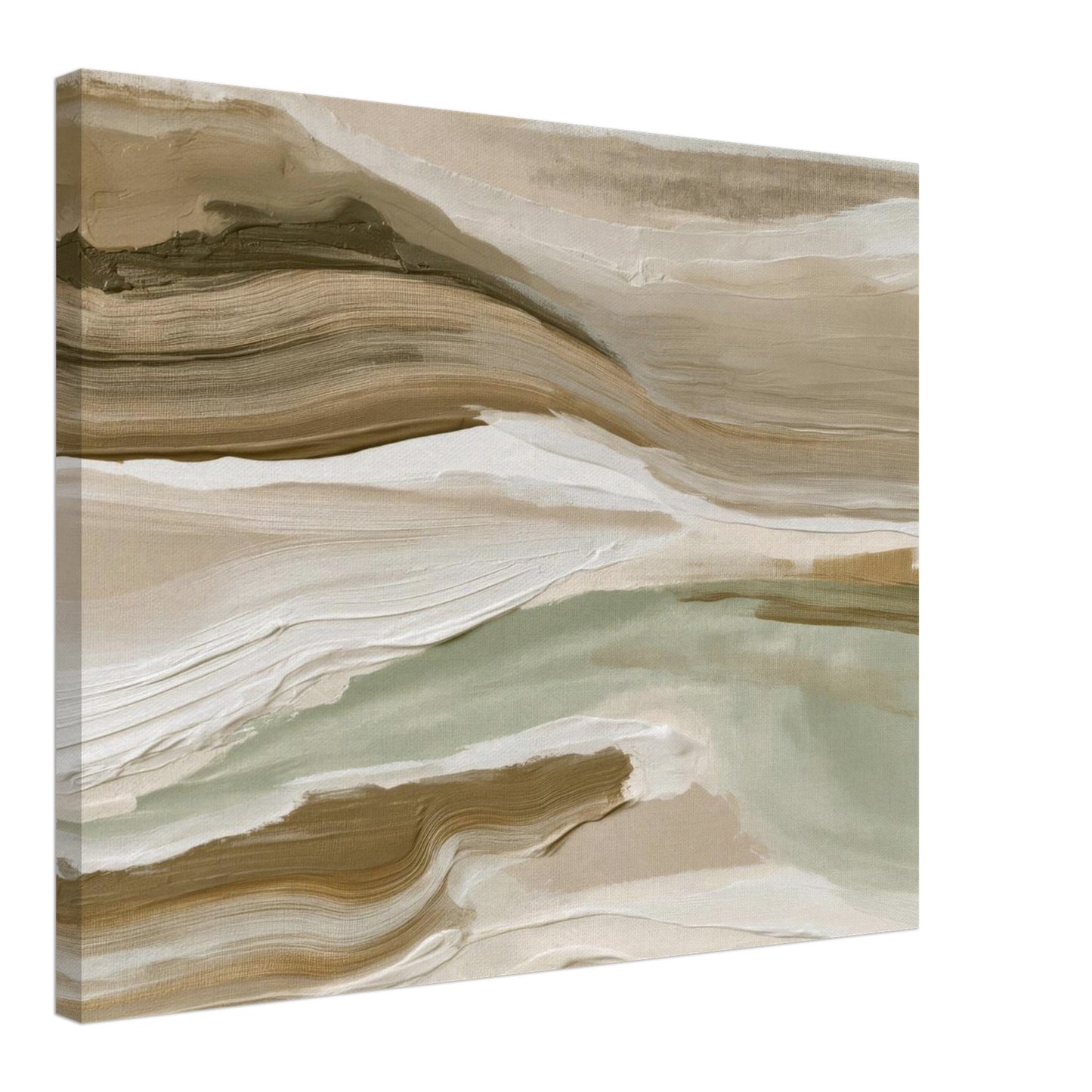 Side view of abstract landscape canvas wall art with a 4 cm gallery wrapped frame in sage green, beige and ivory tones on a white background.