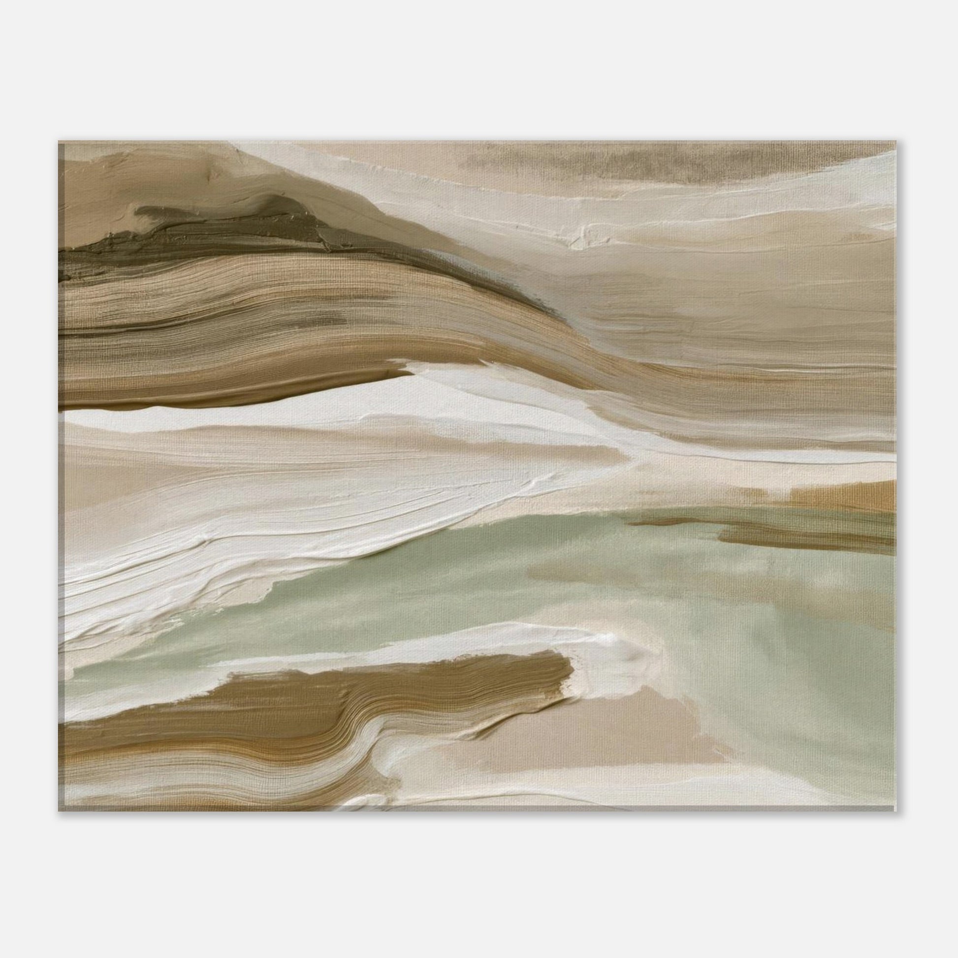 Minimalist abstract landscape canvas featuring soft green, beige and cream brushstrokes.