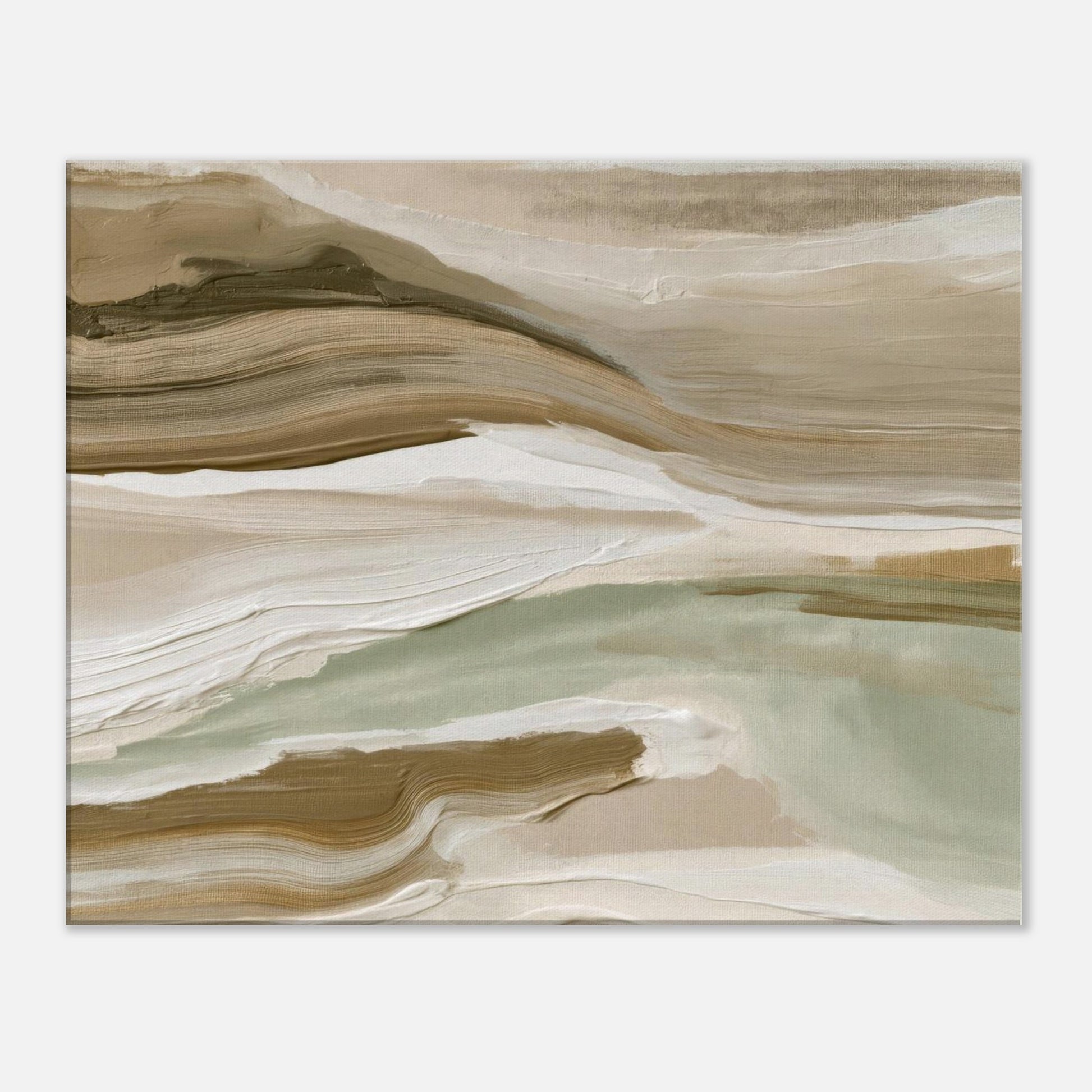 Abstract landscape canvas wall art in sage green, beige and ivory tones, minimalist modern artwork.