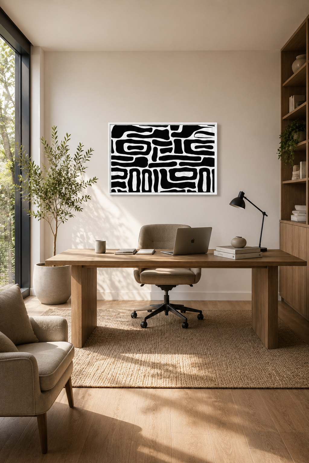 Abstract black and white wall art in a black wooden frame above a wooden desk in a cozy home office with natural daylight, indoor plants, and minimalist styling.